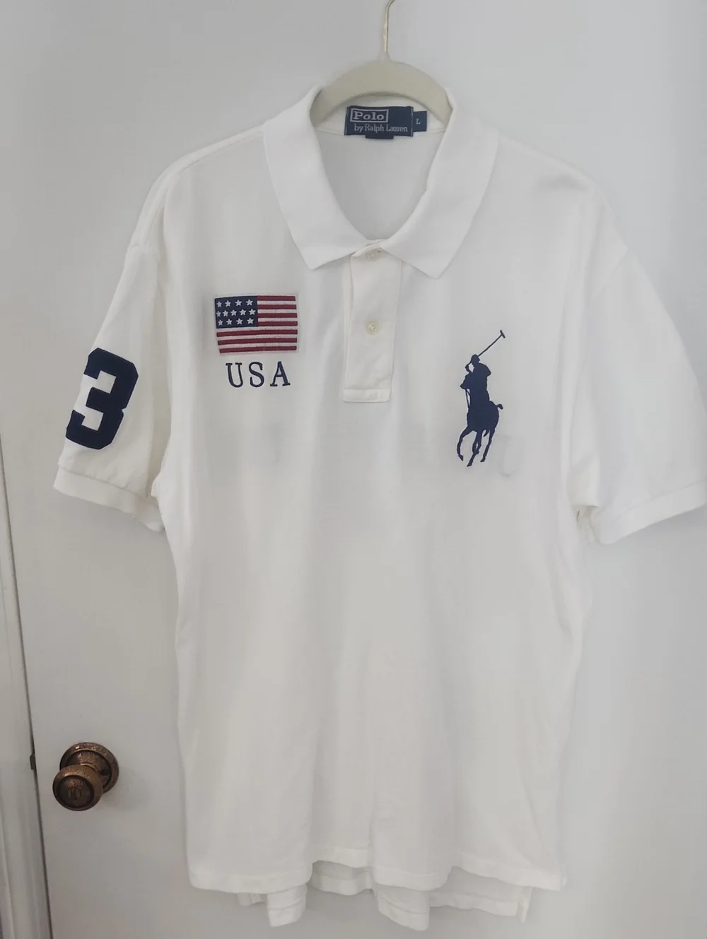Polo by Ralph Lauren White Polo with Navy USA & Flag Embroidery